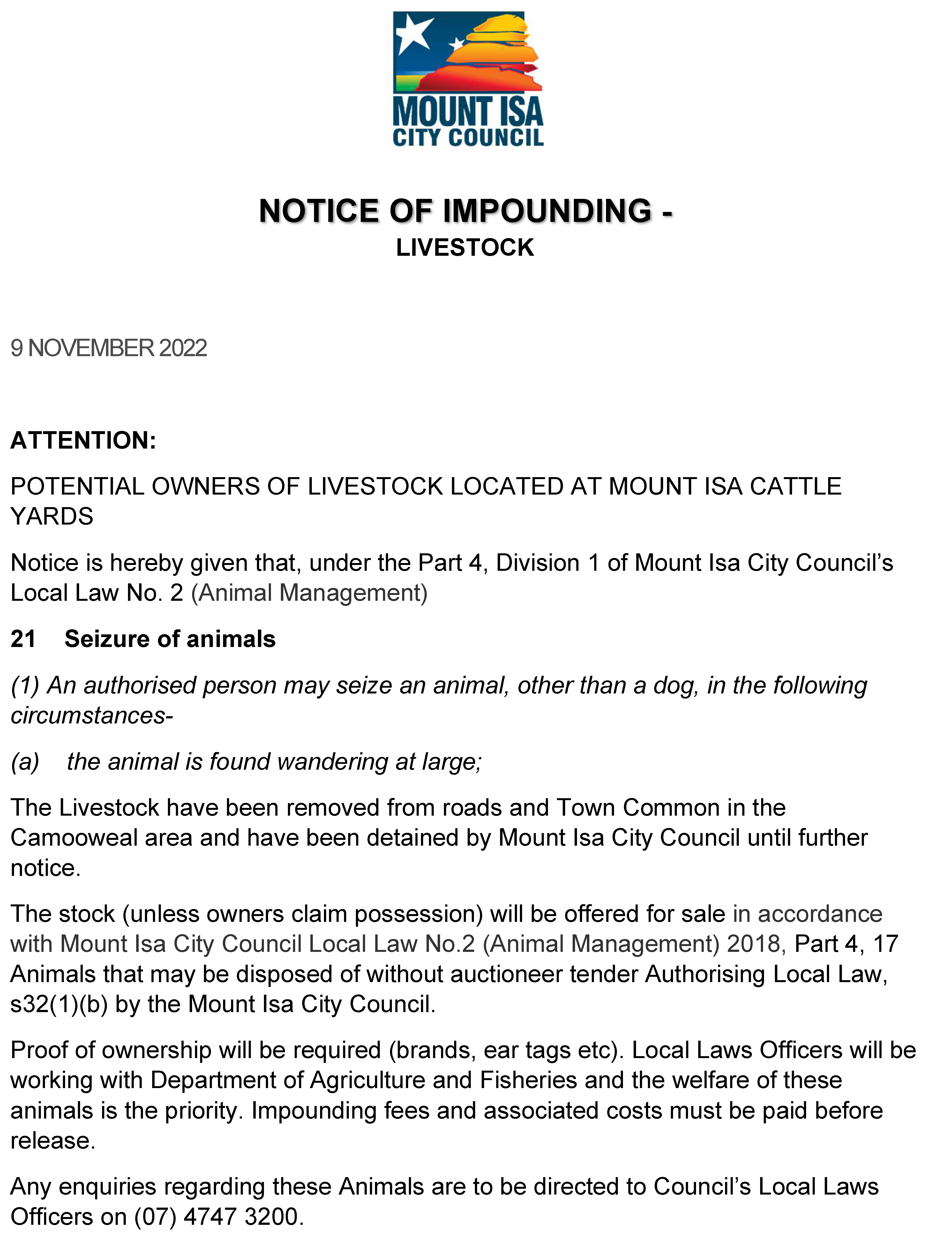 Notice of Impounding 101122