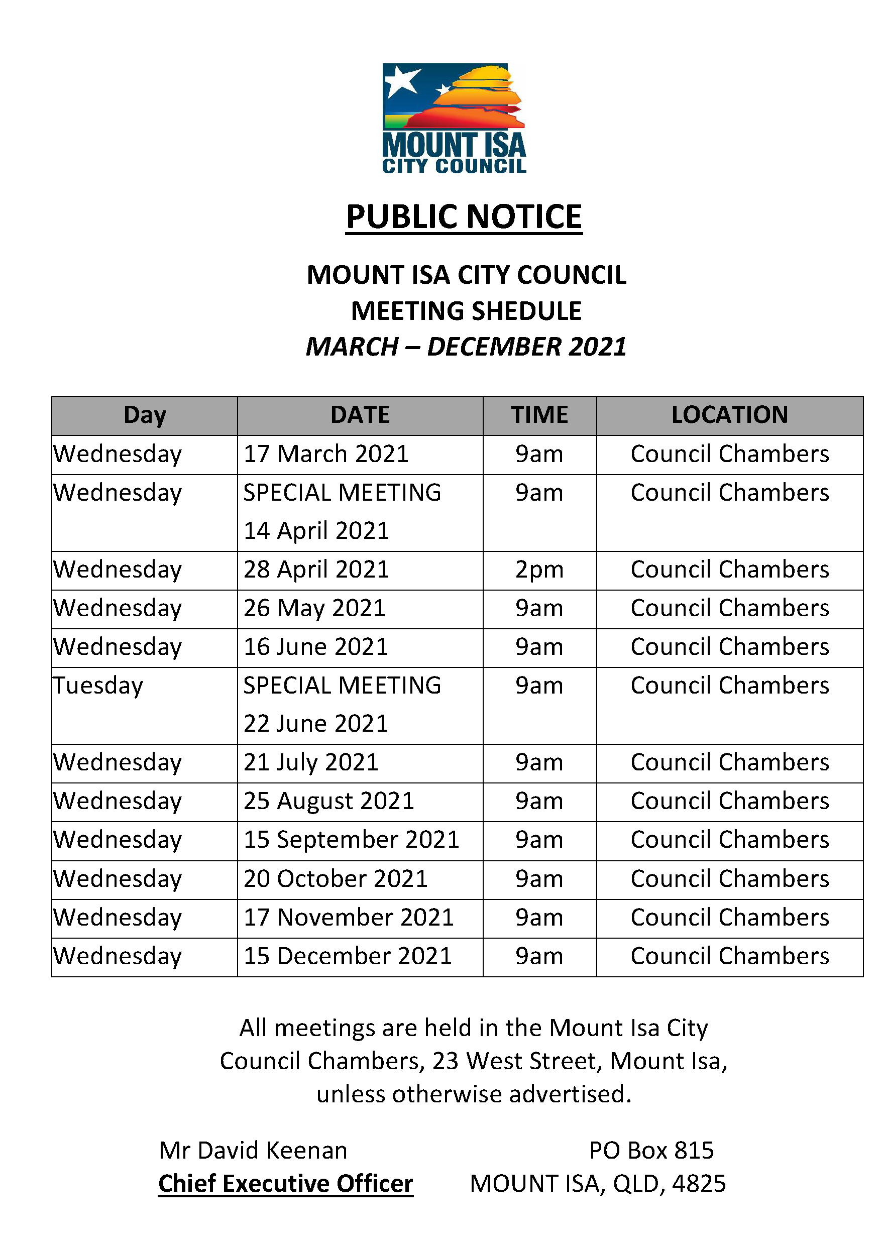 Ordinary Meeting Schedule – Mount Isa City Council